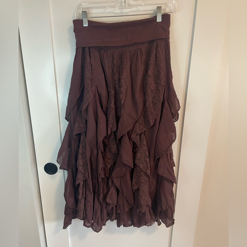 brown ruffle and lace fairycore maxi skirt